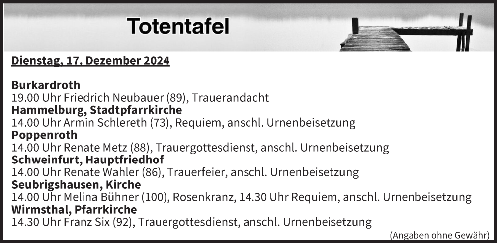  Traueranzeige für Totentafel vom 17.12.2024 vom 17.12.2024 aus MGO