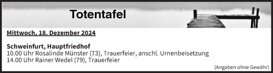 Anzeige von Totentafel vom 18.12.2024 von MGO