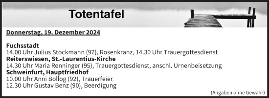Anzeige von Totentafel vom 19.12.2024 von MGO