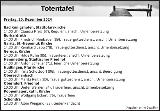 Anzeige von Totentafel vom 20.12.2024 von MGO