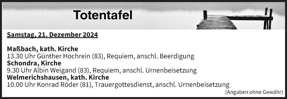  Traueranzeige für Totentafel vom 21.12.2024 vom 21.12.2024 aus MGO