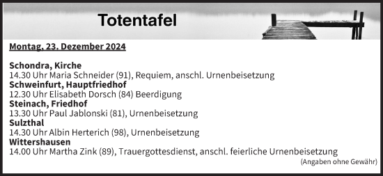 Anzeige von Totentafel vom 23.12.2024 von MGO