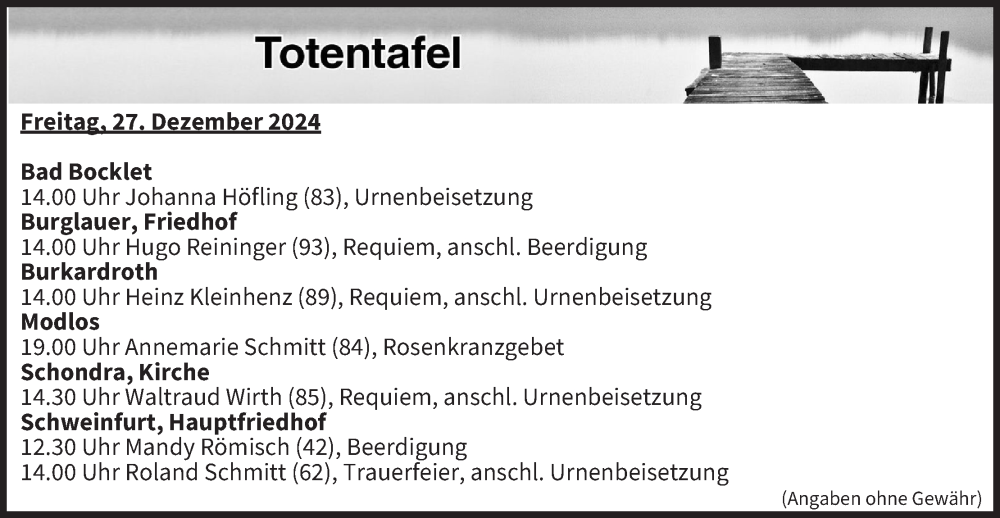  Traueranzeige für Totentafel vom 27.12.2024 vom 27.12.2024 aus MGO