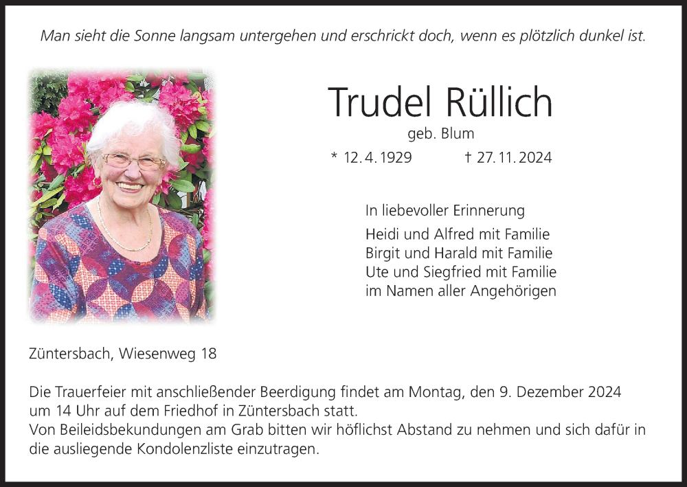  Traueranzeige für Trudel Rüllich vom 07.12.2024 aus MGO