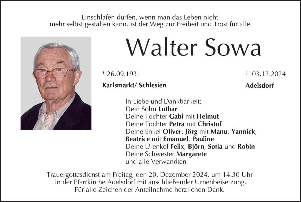  Traueranzeige für Walter Sowa vom 14.12.2024 aus MGO