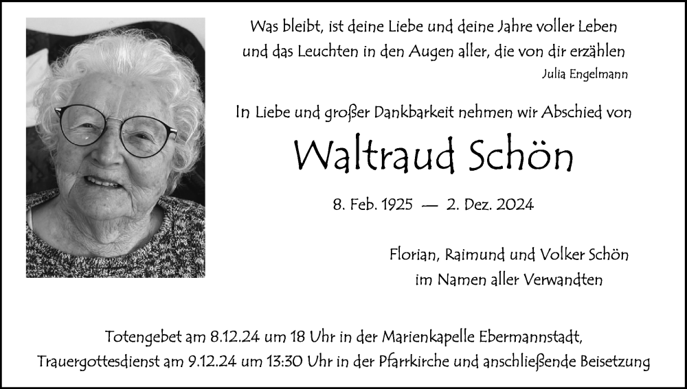 Traueranzeige für Waltraud Schön vom 07.12.2024 aus MGO