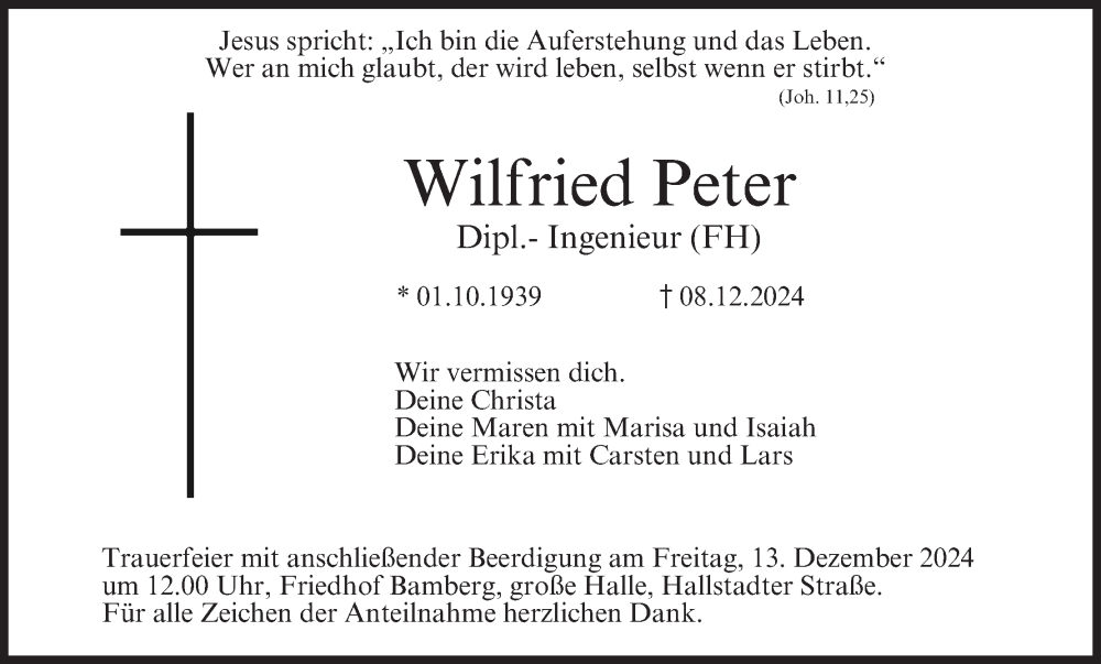  Traueranzeige für Wilfried Peter vom 10.12.2024 aus MGO