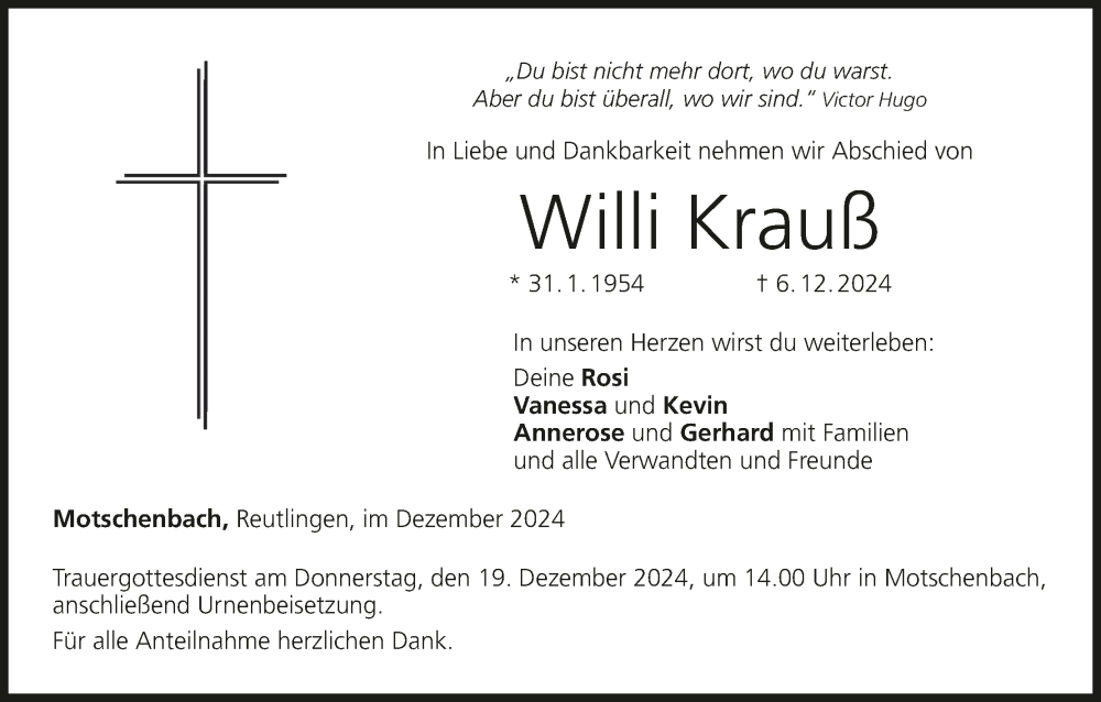  Traueranzeige für Willi Krauß vom 14.12.2024 aus MGO