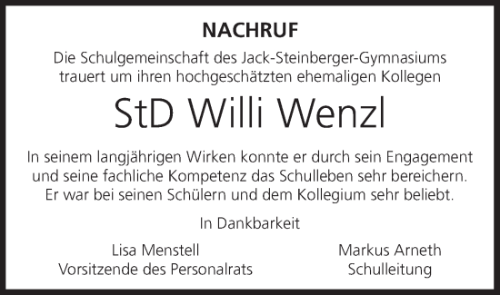 Anzeige von Willi Wenzl von MGO