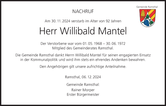 Anzeige von Willibald Mantel von MGO