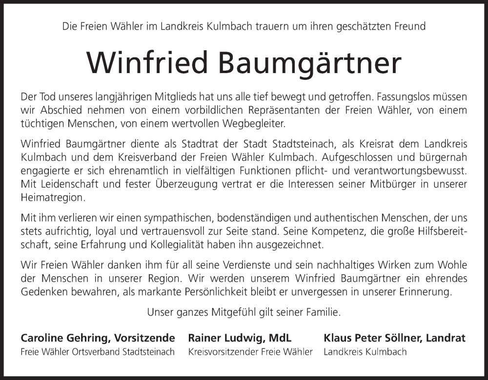  Traueranzeige für Winfried Baumgärtner vom 05.12.2024 aus MGO