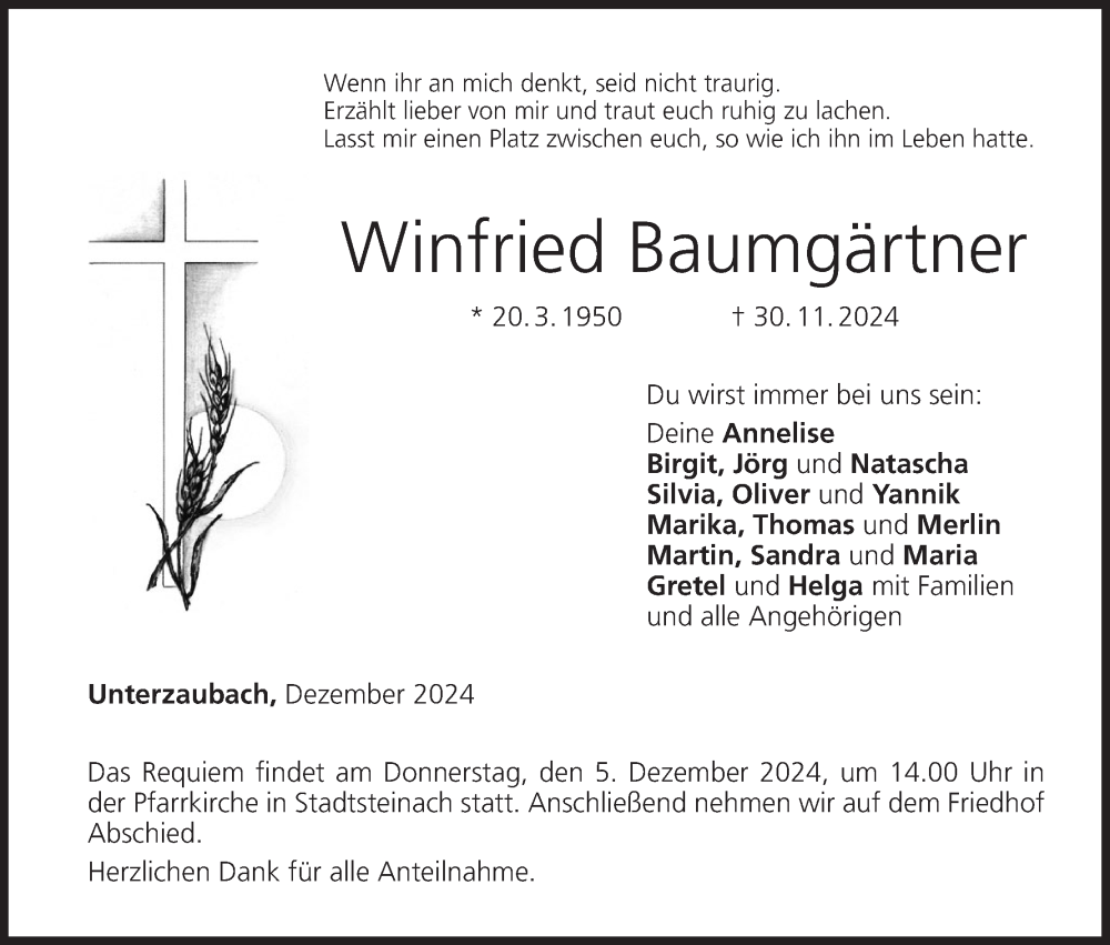  Traueranzeige für Winfried Baumgärtner vom 04.12.2024 aus MGO