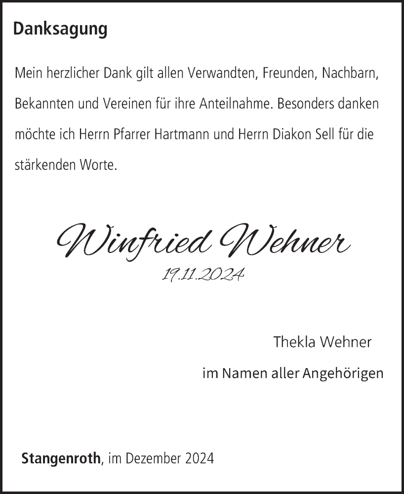  Traueranzeige für Winfried Wehner vom 14.12.2024 aus MGO