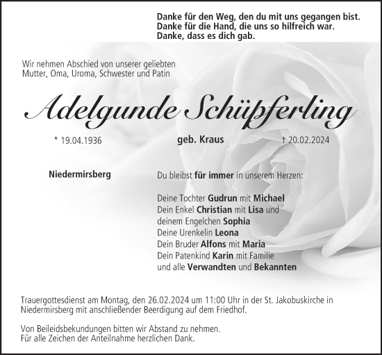 Anzeige von Adelgunde Schüpferling von MGO