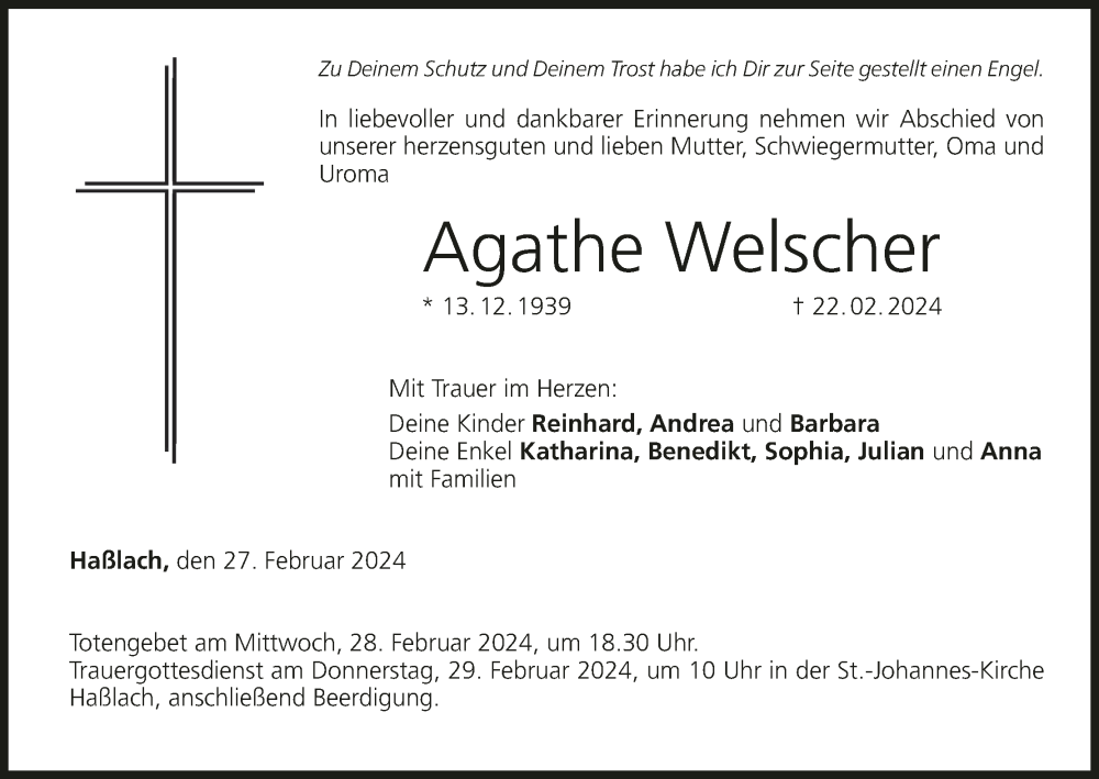  Traueranzeige für Agathe Welscher vom 27.02.2024 aus MGO