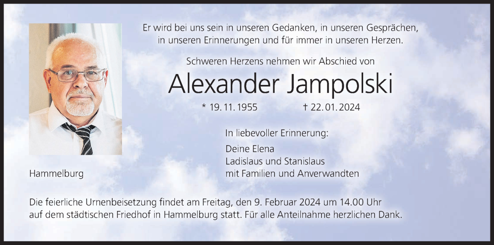  Traueranzeige für Alexander Jampolski vom 03.02.2024 aus MGO