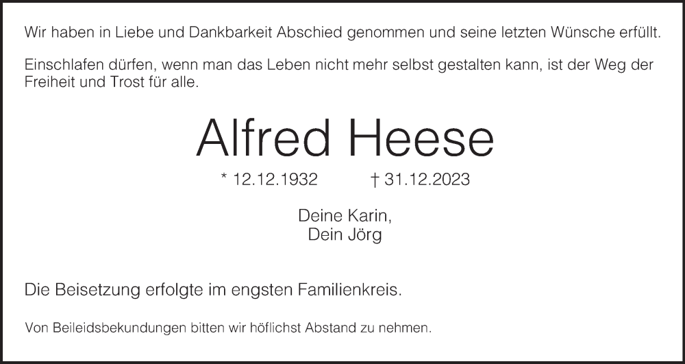  Traueranzeige für Alfred Heese vom 10.02.2024 aus MGO