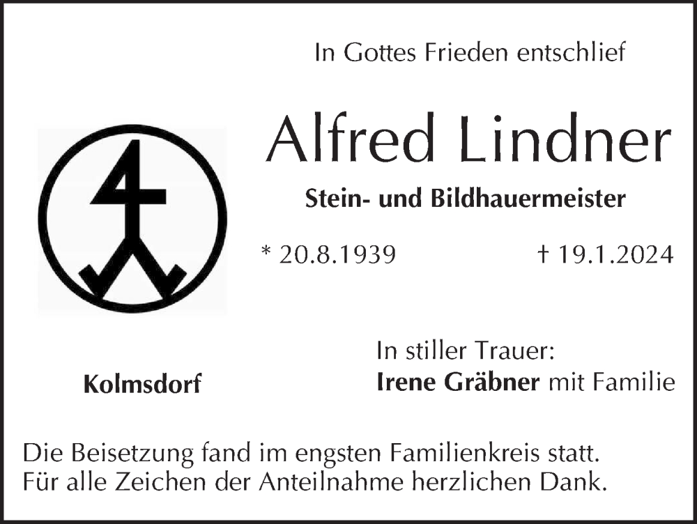  Traueranzeige für Alfred Lindner vom 03.02.2024 aus MGO