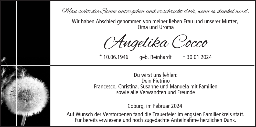  Traueranzeige für Angelika Cocco vom 10.02.2024 aus MGO