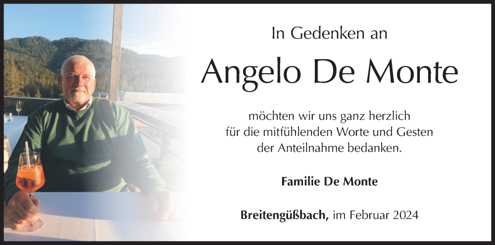 Traueranzeige für Angelo De Monte vom 10.02.2024 aus MGO