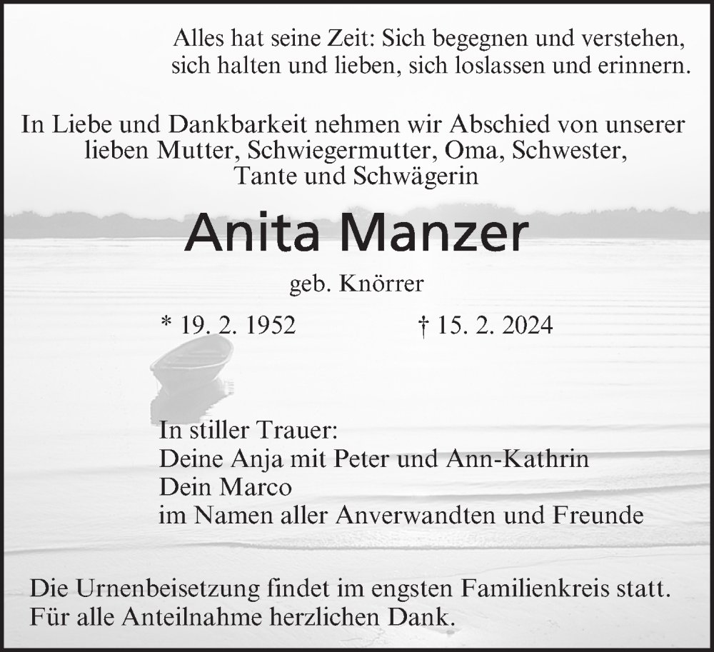  Traueranzeige für Anita Manzer vom 24.02.2024 aus MGO