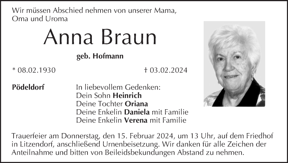  Traueranzeige für Anna Braun vom 10.02.2024 aus MGO