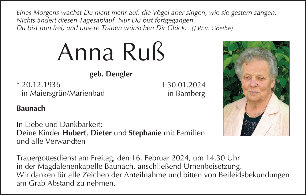 Traueranzeige für Anna Ruß vom 10.02.2024 aus MGO
