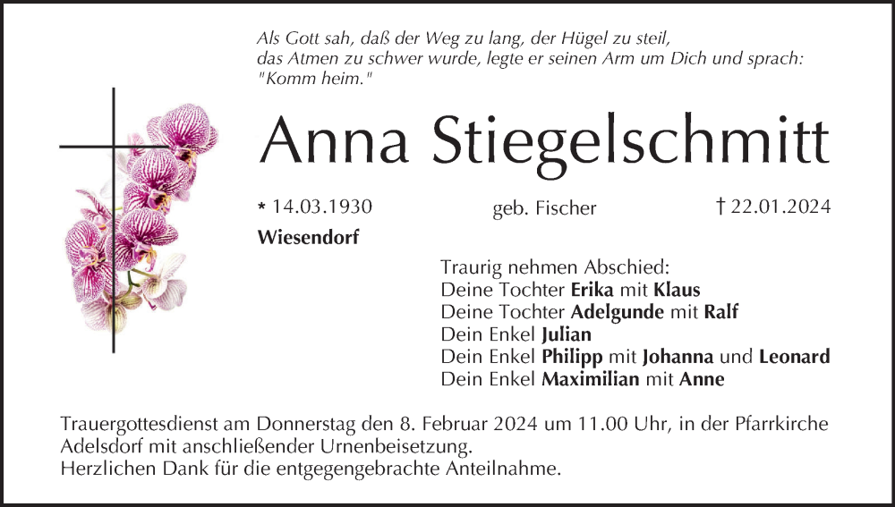  Traueranzeige für Anna Stiegelschmitt vom 03.02.2024 aus MGO