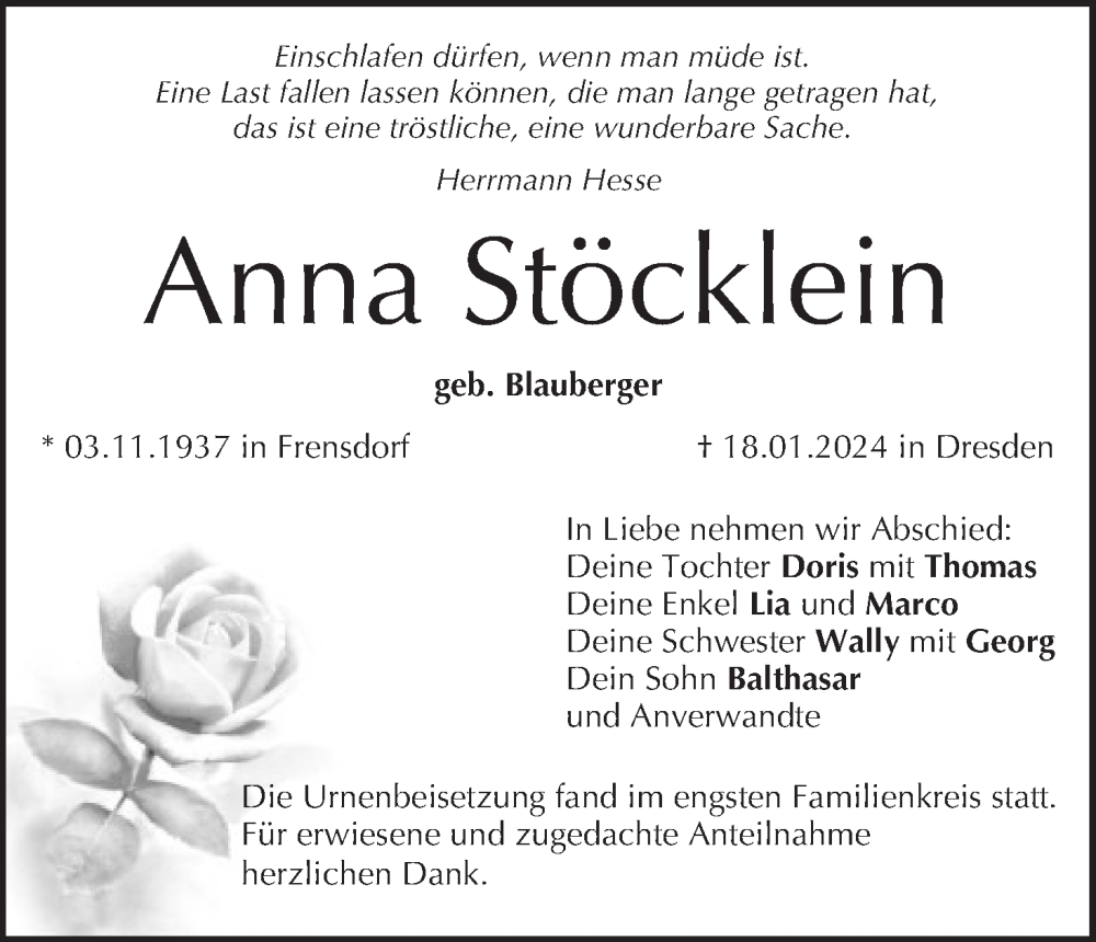  Traueranzeige für Anna Stöcklein vom 17.02.2024 aus MGO