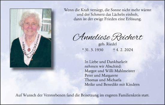 Anzeige von Anneliese Reichert von MGO