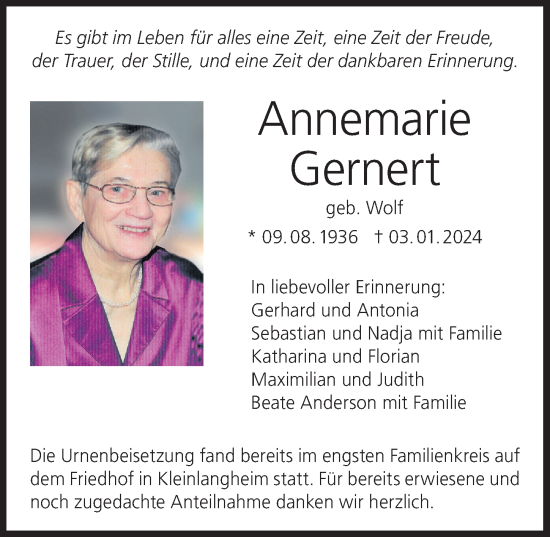 Anzeige von Annemarie Gernert von MGO