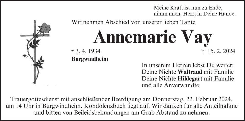  Traueranzeige für Annemarie Vay vom 19.02.2024 aus MGO