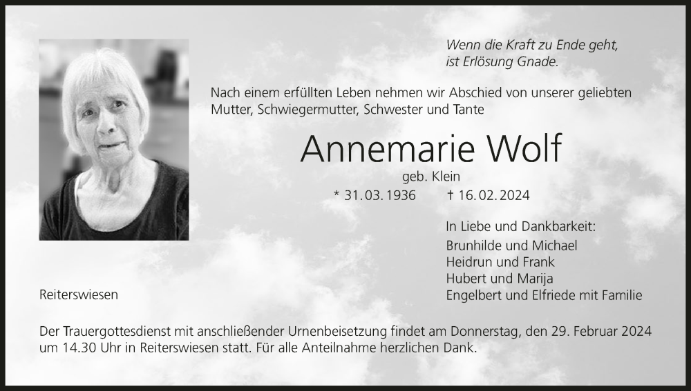  Traueranzeige für Annemarie Wolf vom 24.02.2024 aus MGO