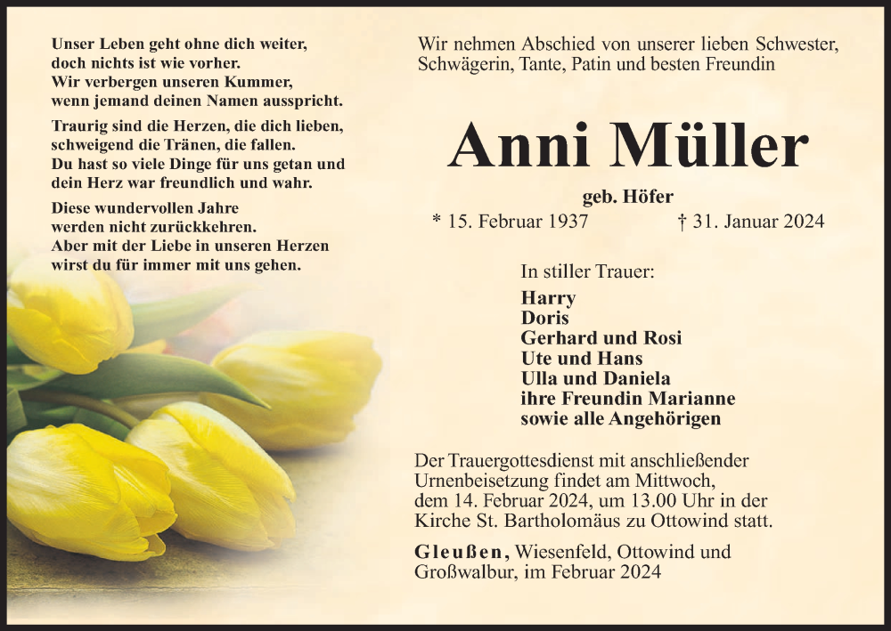  Traueranzeige für Anni Müller vom 10.02.2024 aus MGO