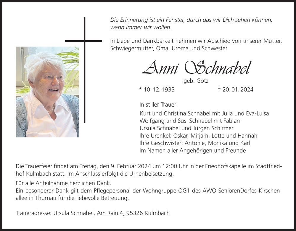  Traueranzeige für Anni Schnabel vom 03.02.2024 aus MGO