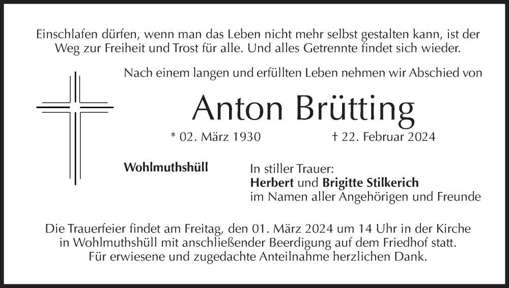 Traueranzeige für Anton Brütting vom 28.02.2024 aus MGO