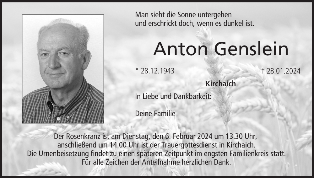  Traueranzeige für Anton Genslein vom 03.02.2024 aus MGO