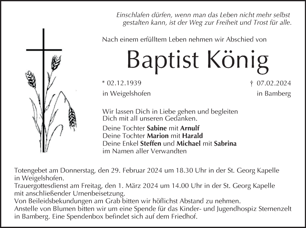  Traueranzeige für Baptist König vom 24.02.2024 aus MGO