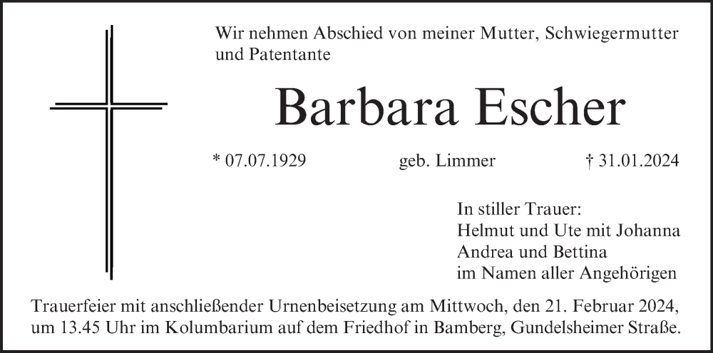  Traueranzeige für Barbara Escher vom 17.02.2024 aus MGO