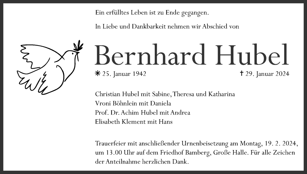  Traueranzeige für Bernhard Hubel vom 10.02.2024 aus MGO