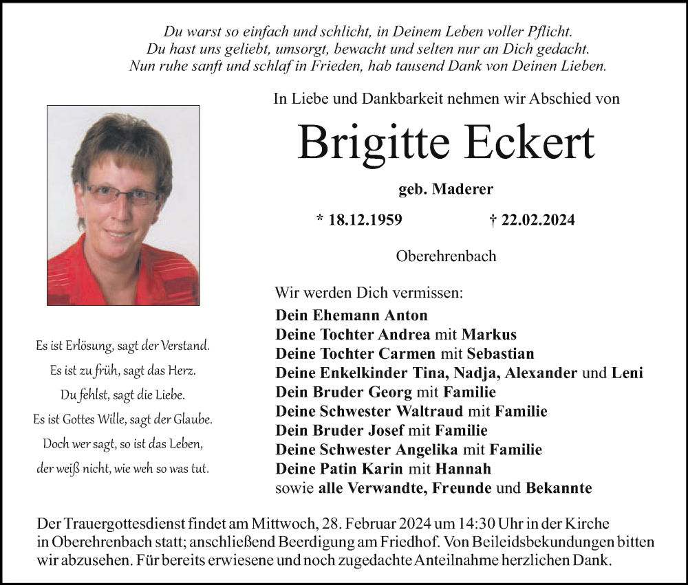  Traueranzeige für Brigitte Eckert vom 24.02.2024 aus MGO