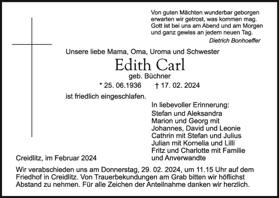 Anzeige von Edith Carl von MGO