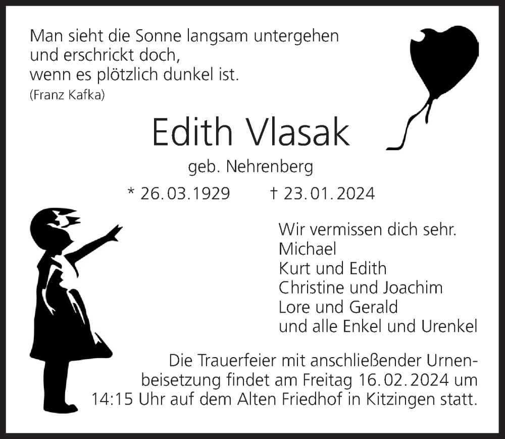 Traueranzeige für Edith Vlasak vom 10.02.2024 aus MGO