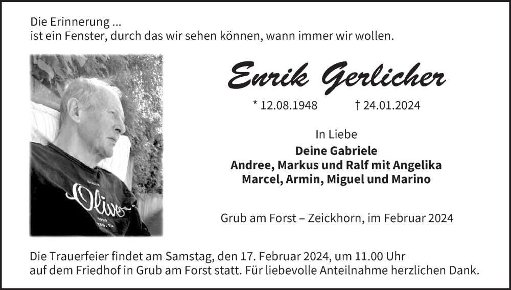  Traueranzeige für Enrik Gerlicher vom 14.02.2024 aus MGO