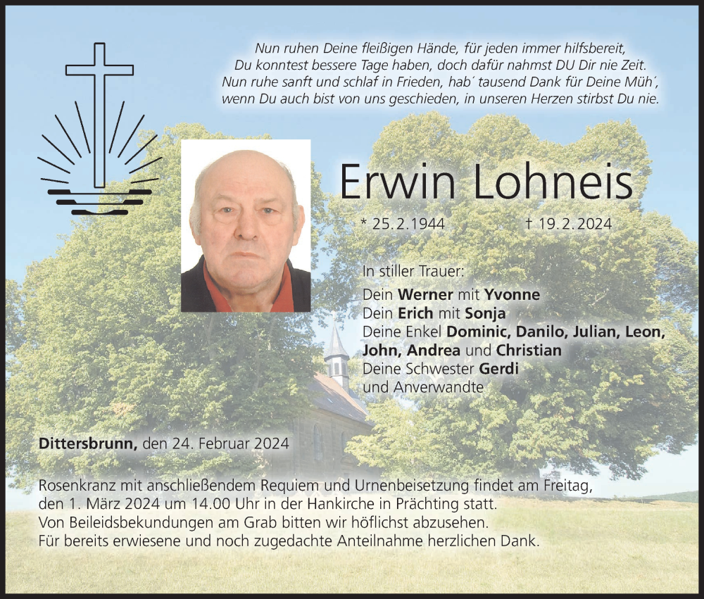  Traueranzeige für Erwin Lohneis vom 24.02.2024 aus MGO