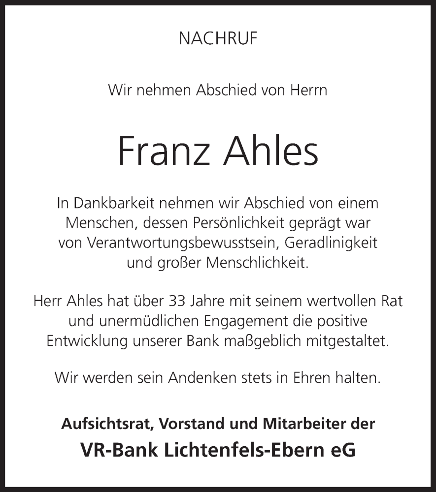 Traueranzeige für Franz Ahles vom 28.02.2024 aus MGO