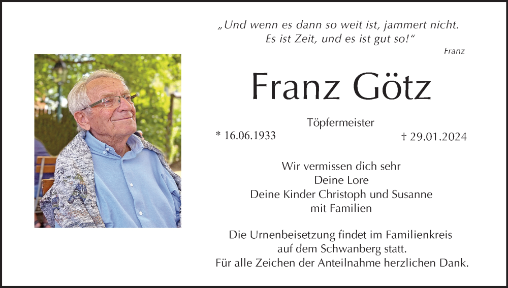  Traueranzeige für Franz Götz vom 03.02.2024 aus MGO
