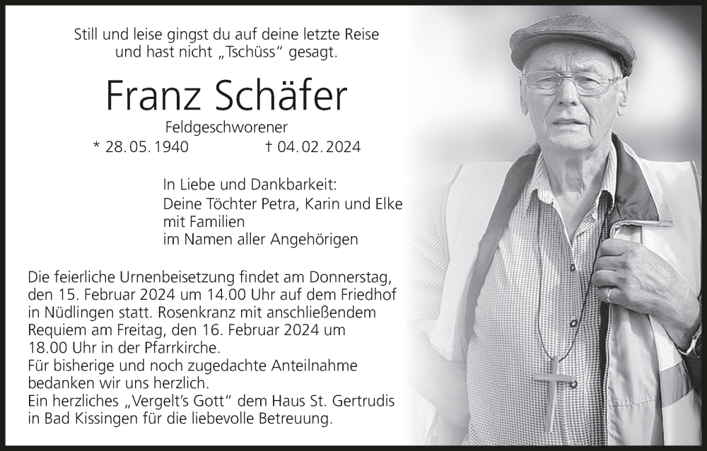  Traueranzeige für Franz Schäfer vom 10.02.2024 aus MGO