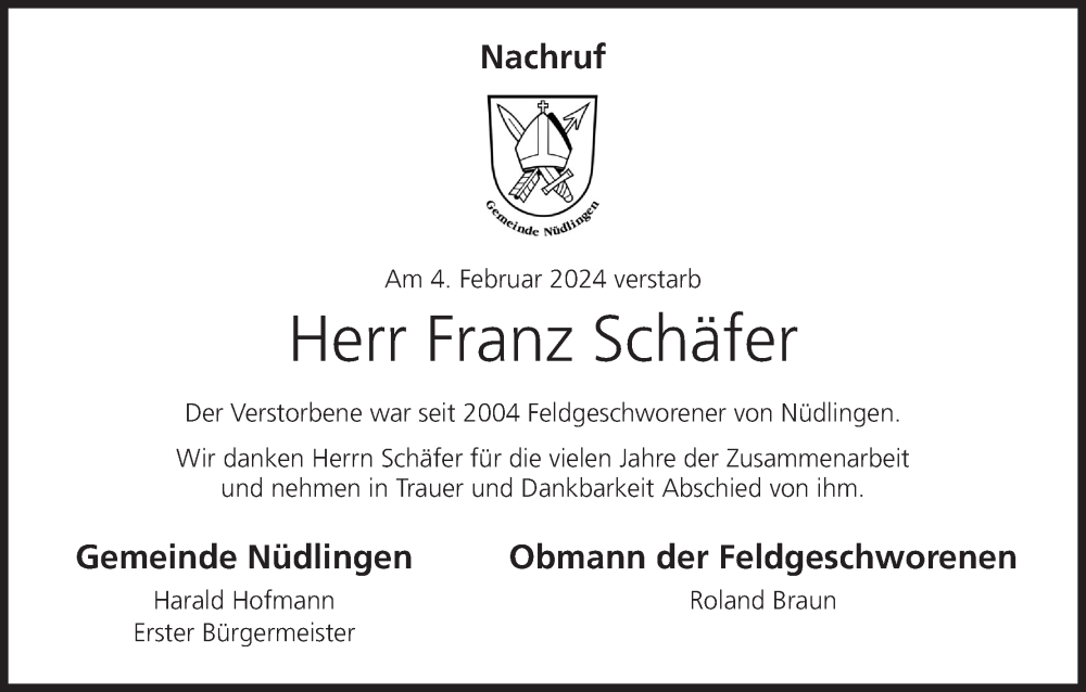  Traueranzeige für Franz Schäfer vom 17.02.2024 aus MGO