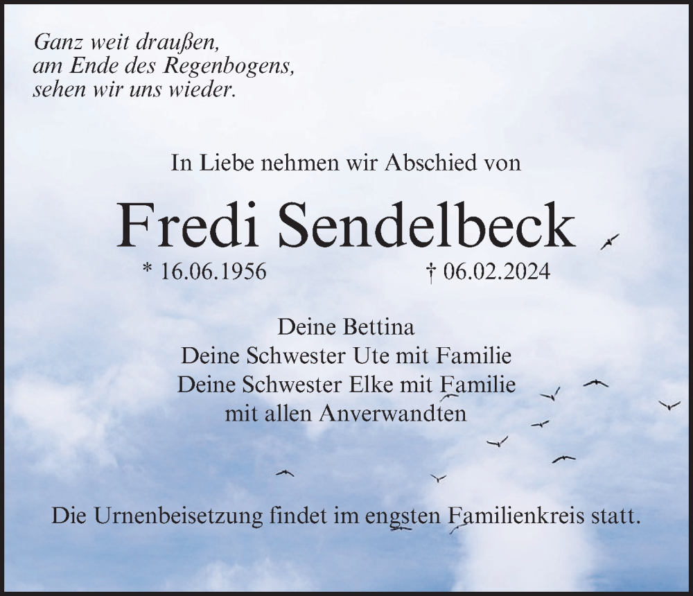 Traueranzeige für Fredi Sendelbeck vom 10.02.2024 aus MGO